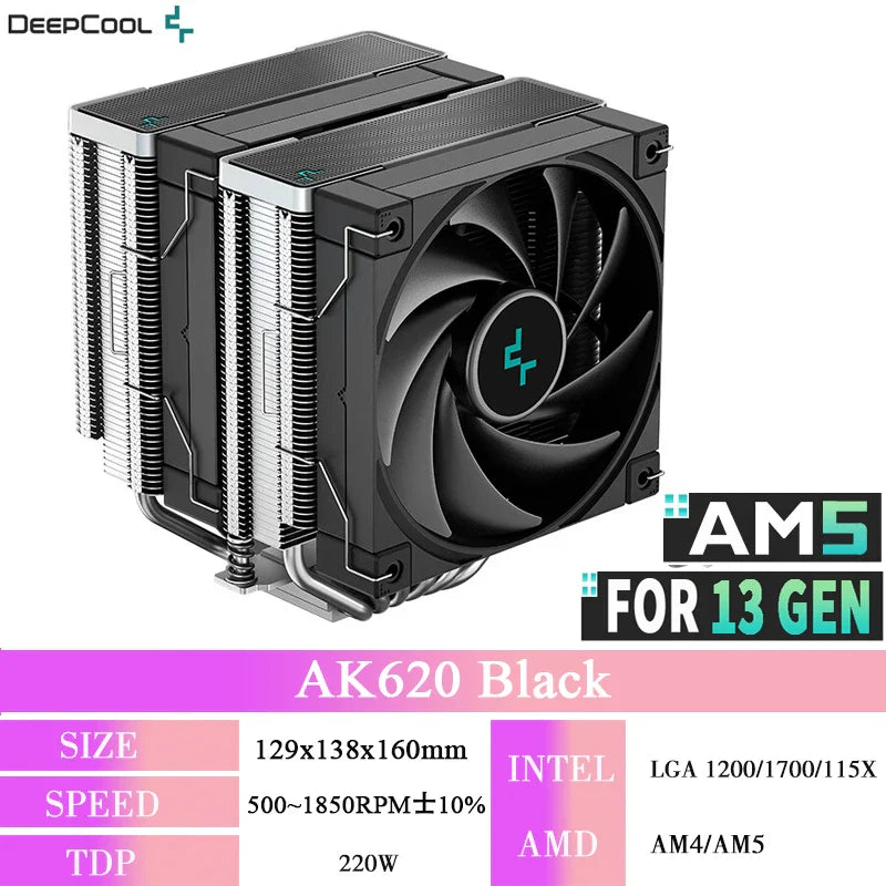 DeepCool AK620 ZERO DARK Twin Tower CPU Cooler – 6 Heat Pipes High Performance Air Cooling Radiator for Intel LGA1700/1200/115X & AMD AM5/AM4
