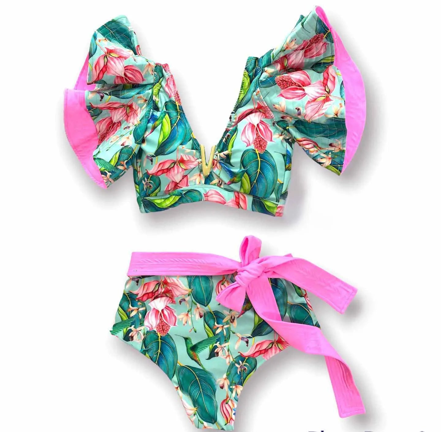 Sporlike V-Neck Ruffled Bikini Set – High Waist Sexy Printed Two-Piece Swimsuit for Women 2025