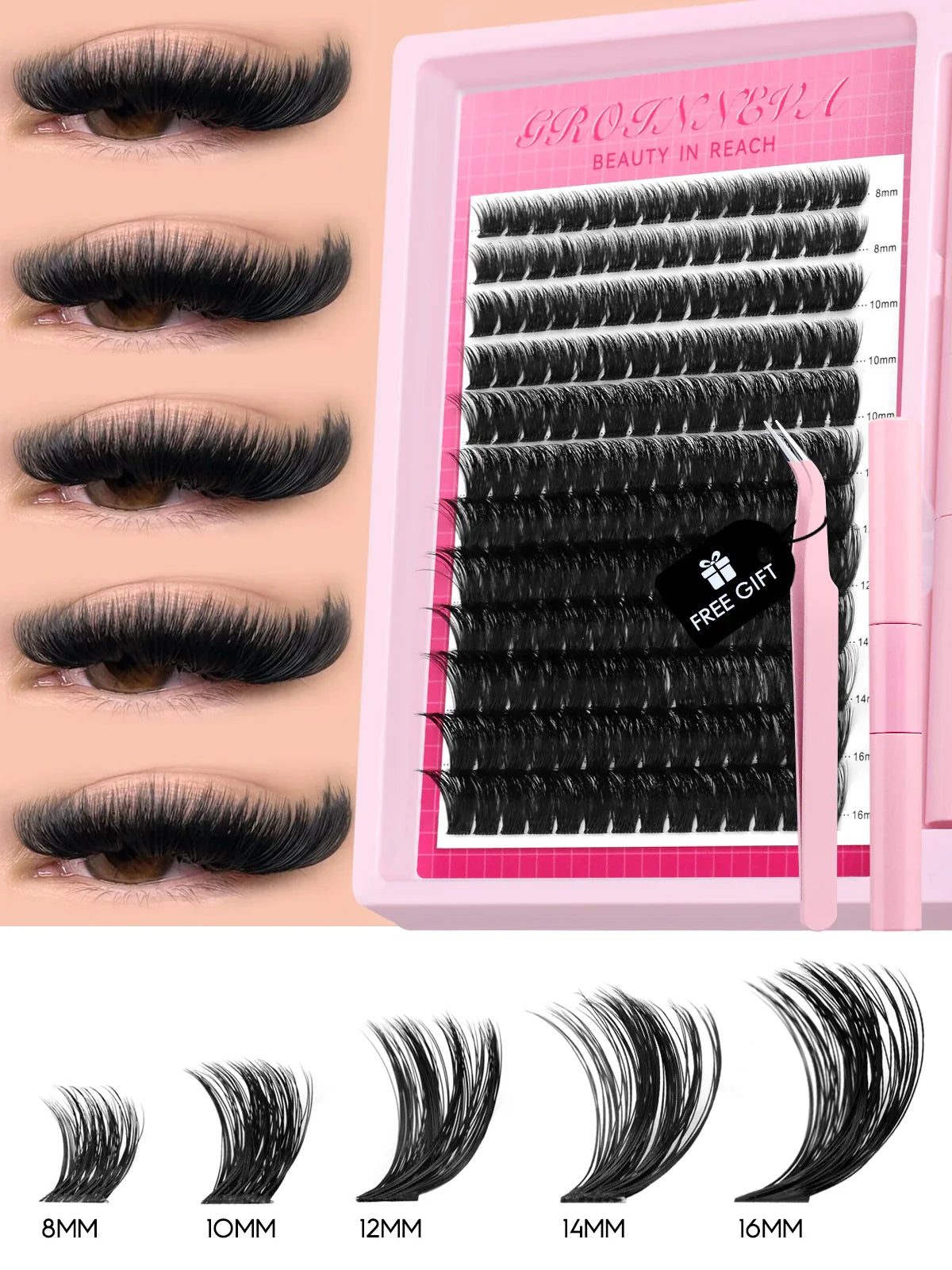 Fluffy C Curl Lash Cluster Kit (10–18mm) – DIY Eyelash Extensions Set with Bond & Seal for Natural Volume Lashes