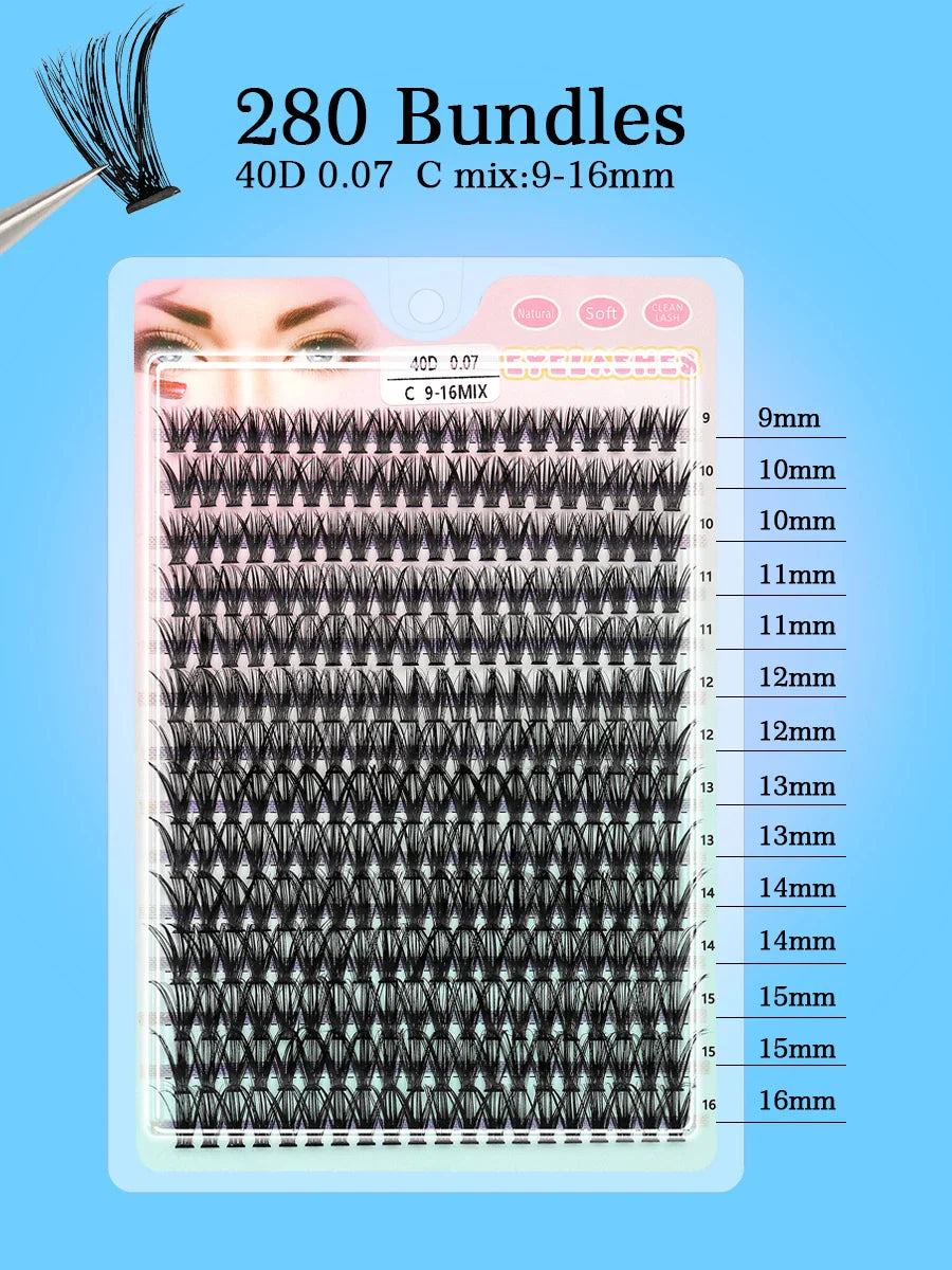 Individual Cluster Lashes – 20-100D Natural Look DIY Eyelash Extensions, 280pcs Mixed Tray Volume Lashes