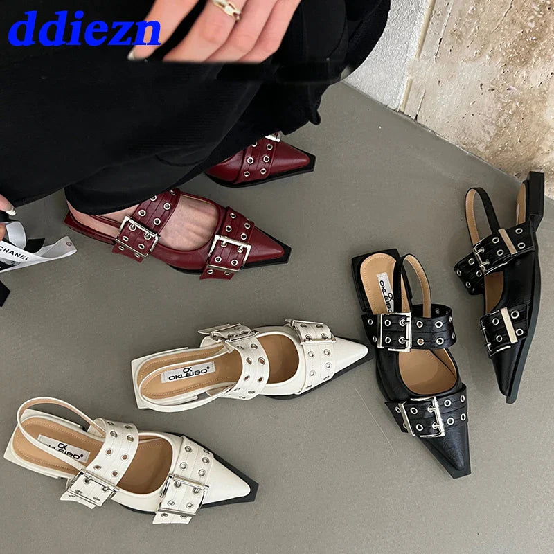 2025 Women’s Designer Flats – Luxury Buckle Slingback Sandals with Pointed Toe, Casual Mules for Ladies