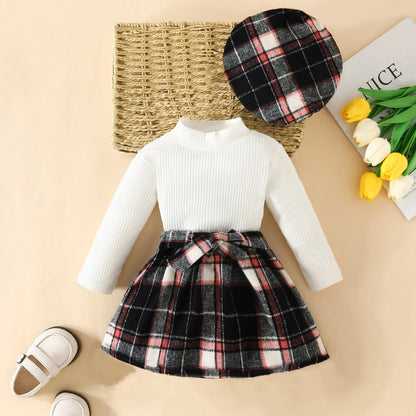 ma&baby Toddler Girls Clothes Set – Knit Long Sleeve Top, Plaid Skirt & Hat, 6M-3Y Fall & Spring Outfit