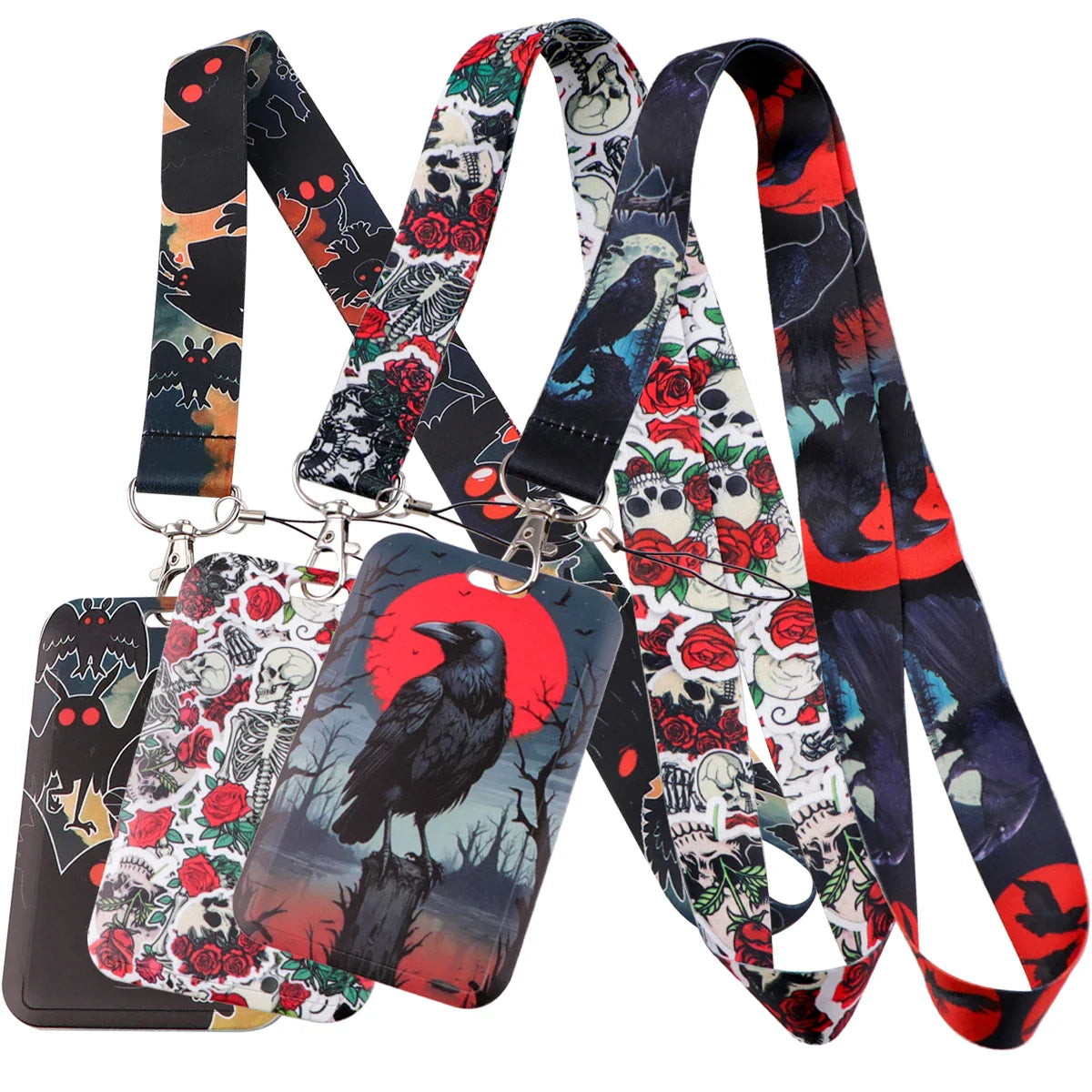 Black Crow Punk Skull Lanyard – Credential Holder Neck Strap for Keys, ID Cards & Phone Accessories, Halloween Gift