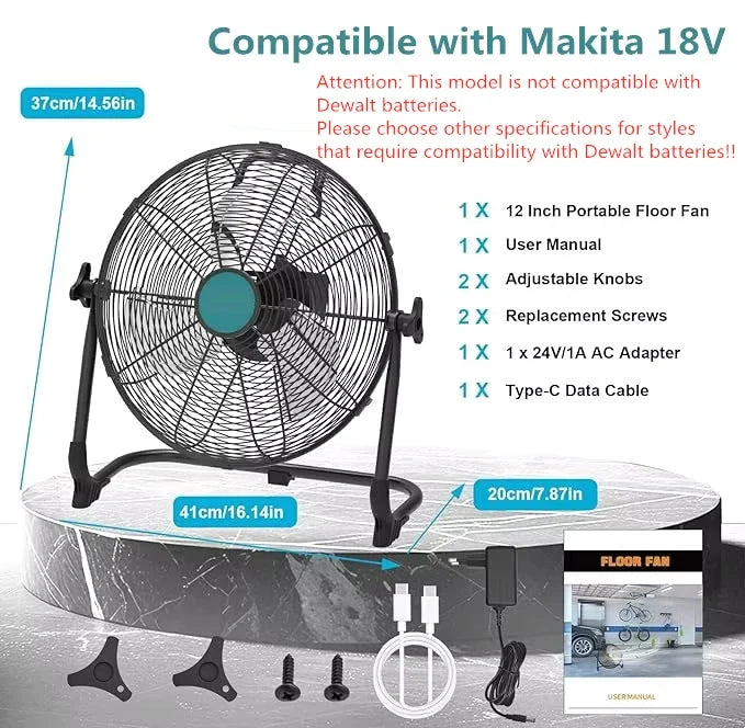 Cordless Floor Fan - 12/16-Inch Portable Fan Compatible with DeWalt 20V Max Batteries