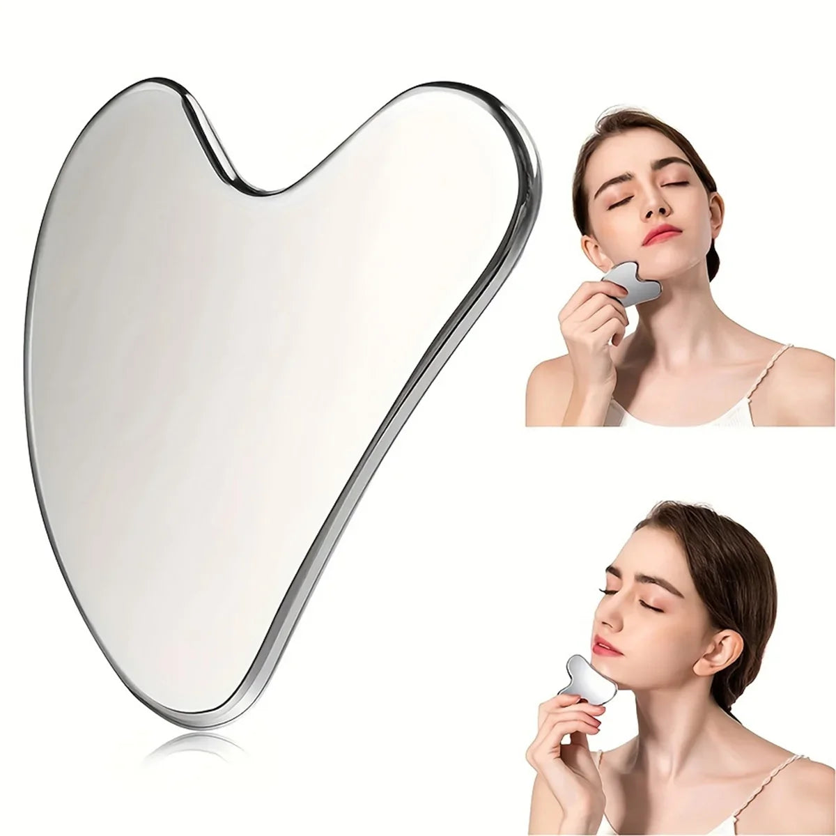Stainless Steel Facial Gua Sha Tool — Silver Metal Beauty Massage Board for Skincare & Relaxation