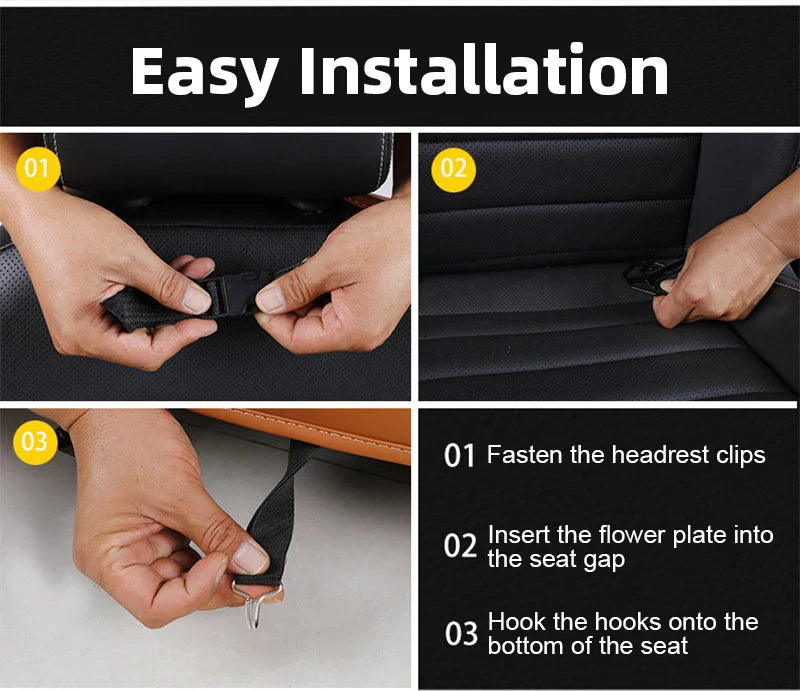 Car Seat Back Organizer with Foldable Table Tray – PU Leather Storage with Pockets, Kick Mats & Interior Accessories