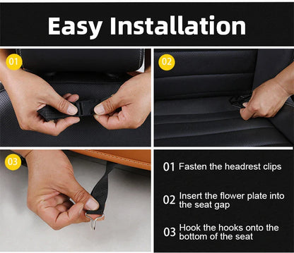 Car Seat Back Organizer with Foldable Table Tray – PU Leather Storage Organizer with Pockets & Kick Mats