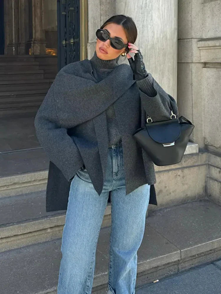 ZBZA Women’s Asymmetric Scarf Knitted Jacket – O Neck Single Button, Side Slit Loose Coat, Winter Chic Outerwear