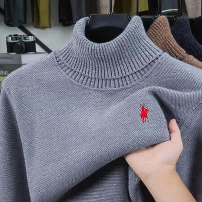 Men's Velvet High Neck Sweater - Luxury Pony Embroidery Thick Warm Winter Knitted Pullover