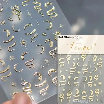 5D Gold Stamped Nail Art Stickers - Silver Sun Stars Snake Chinese Style Self-Adhesive Manicure Decals