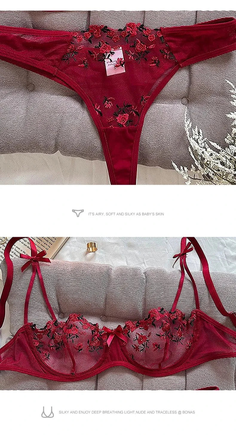 Sexy Lace Floral Lingerie Set for Women — Transparent Bra & Underwear Party Set, Sizes S-XL