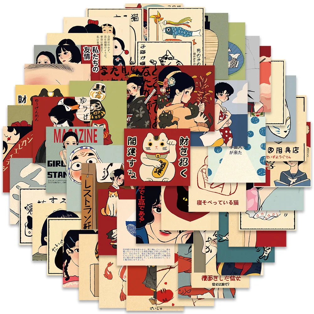 50pcs Retro Japanese Cartoon Stickers – Waterproof Aesthetic Graffiti Decals for Laptop, Luggage, Guitar & Skateboard