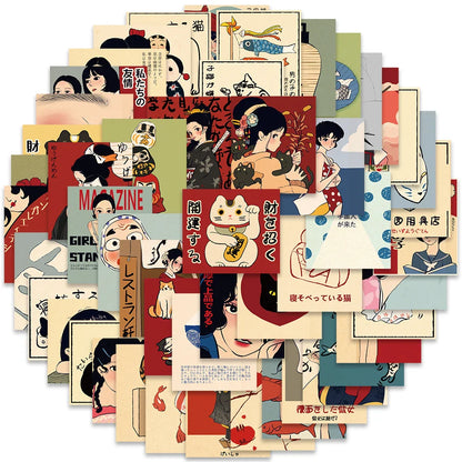 50pcs Retro Japanese Cartoon Stickers – Waterproof Aesthetic Graffiti Decals for Laptop, Luggage, Guitar & Skateboard