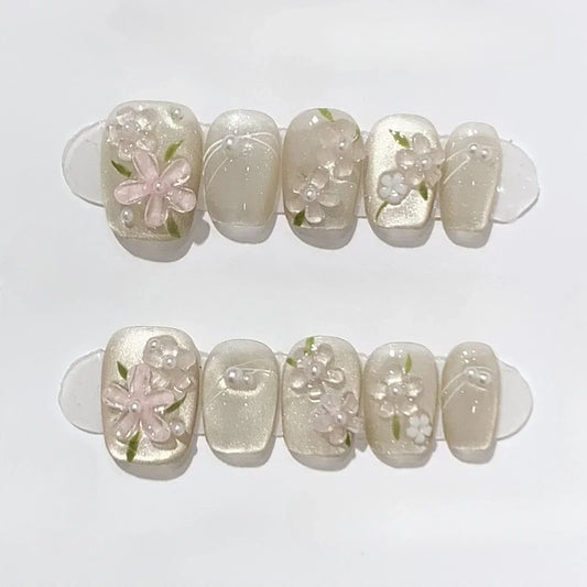 10 Pcs Handmade Short Square Press-On Nails – Full Cover Flower & Cat Eye Ballet False Nails Manicure Tips