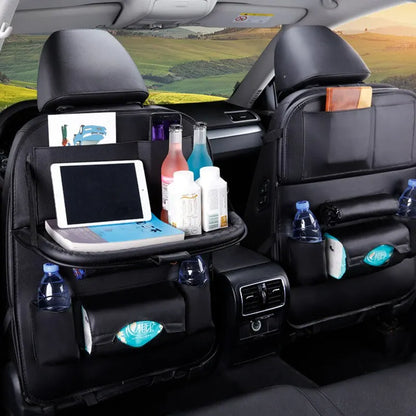 Car Seat Back Organizer with Foldable Table Tray – PU Leather Storage with Pockets, Kick Mats & Interior Accessories