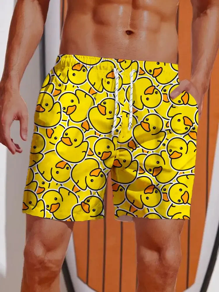 Men's Yellow Duck Hawaiian Swim Shorts - 3D Print Breathable Elastic Waist Summer Trunks