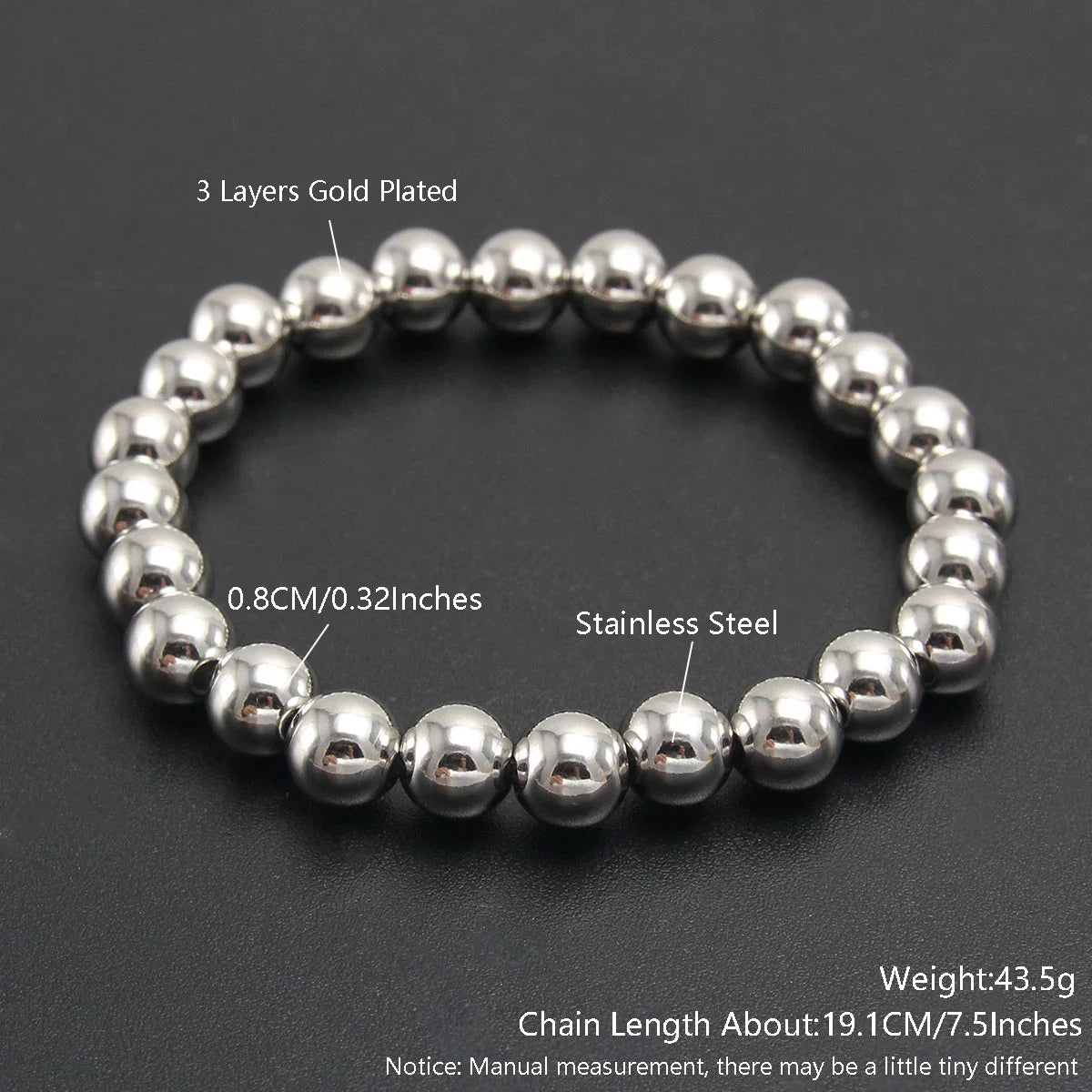 MHS.SUN Trendy Stainless Steel Stretch Bracelet — Gold & Silver Beaded 2mm/5mm/8mm for Men & Women