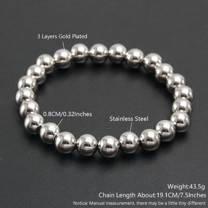 MHS.SUN Trendy Stainless Steel Stretch Bracelet — Gold & Silver Beaded 2mm/5mm/8mm for Men & Women