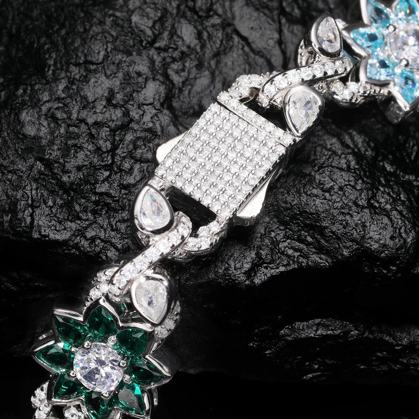 New Iced Out Moissanite Chain Necklace & Colorful Flower Bracelet – Hip Hop S925 Silver, 18K Plated Jewelry for Men & Women