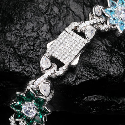 New Iced Out Moissanite Chain Necklace & Colorful Flower Bracelet – Hip Hop S925 Silver, 18K Plated Jewelry for Men & Women