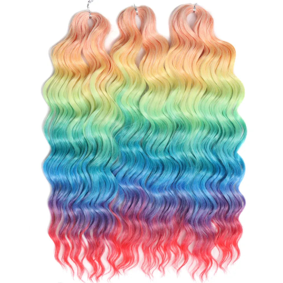 FASHION IDOL 24" Deep Wave Crochet Hair - 3-Piece Synthetic Water Wave Braiding Extensions, Ombre Rainbow Twist Hair