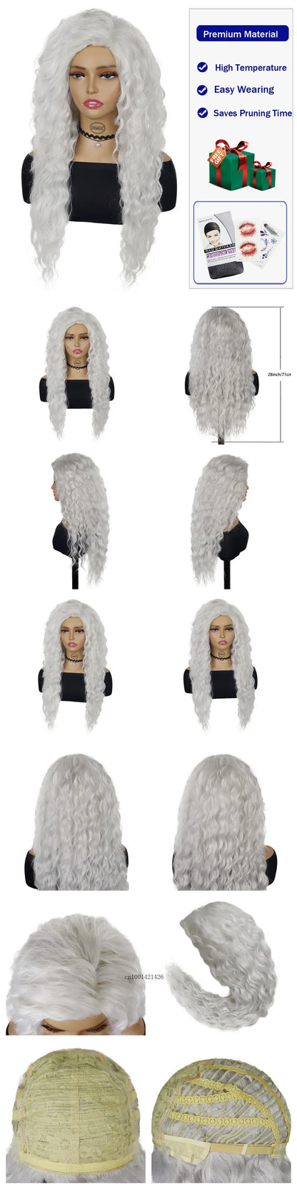 Ash Blonde Synthetic Wig – 26" Long Curly Ombre Hair, Fluffy Wave Wig for Women, Costume & Party Wig