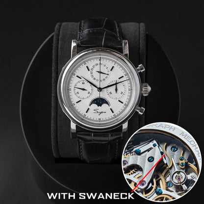 Sugess ST1908 Mechanical Chronograph Watch for Men – Swan Neck Movement, Moonphase Calendar, Vintage Leather Strap, 2023 Model