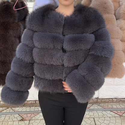 QUEENTINA Women’s Real Fox Fur Coat – Brown Leather & Skin Winter Fashion Outerwear 2025