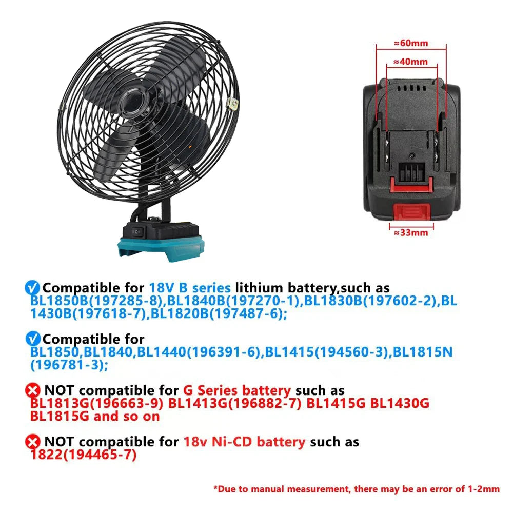 6/8-Inch Portable Outdoor Camping Fan – Wireless Desktop Metal Fan Compatible with Makita, Dewalt & Milwaukee 18V Batteries