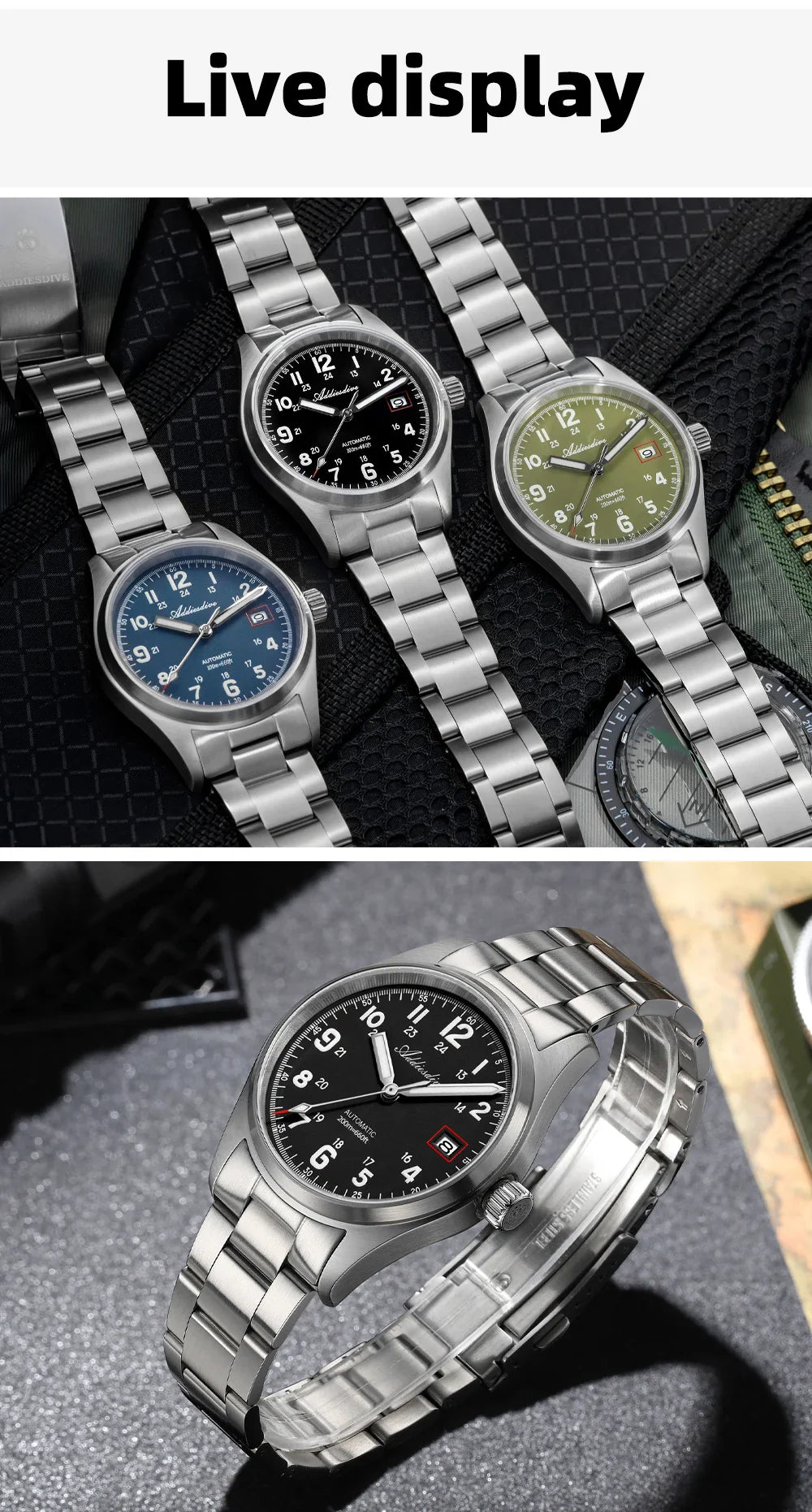 ADDIESDIVE AD2070 Men’s Automatic Mechanical Watch – Sapphire Crystal, 20Bar Waterproof, Super Luminous Stainless Steel