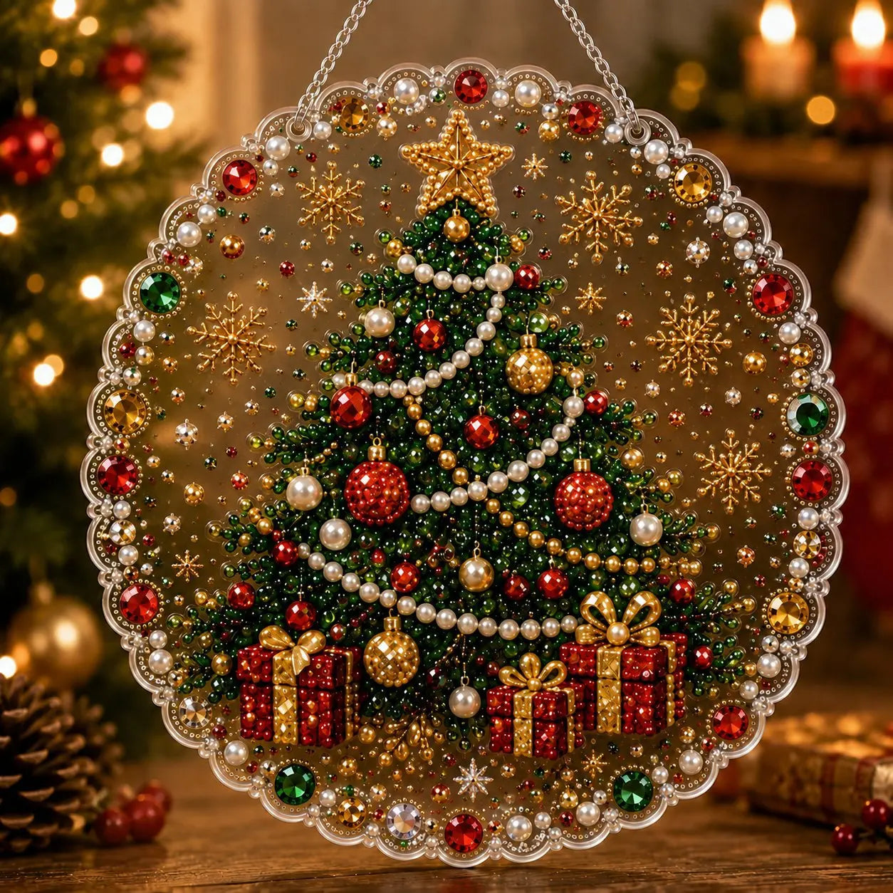 DIY Christmas Pearl Diamond Painting Pendant - Acrylic 2D Bead Craft for Holiday Window & Wall Decor