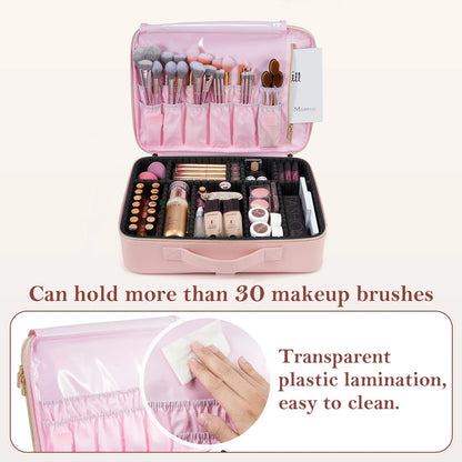 Professional Makeup Bag — Extra-Large Cosmetic Train Case with Brush Organizer, Storage Compartments & Dividers for Artists