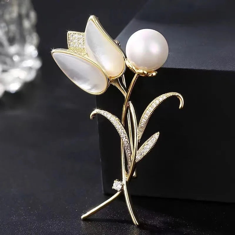 Luxury Tulip Flower Brooch Pin with White Stone – Elegant Rose Floral Jewelry for Women (2023 Design)