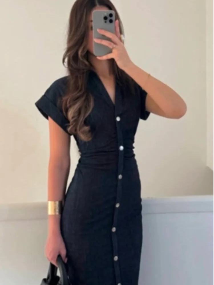 Elegant Pleated Denim Dress for Women – 2025 Chic Slim Fit Lapel Vestido with Short Sleeves & Single-Breasted Design