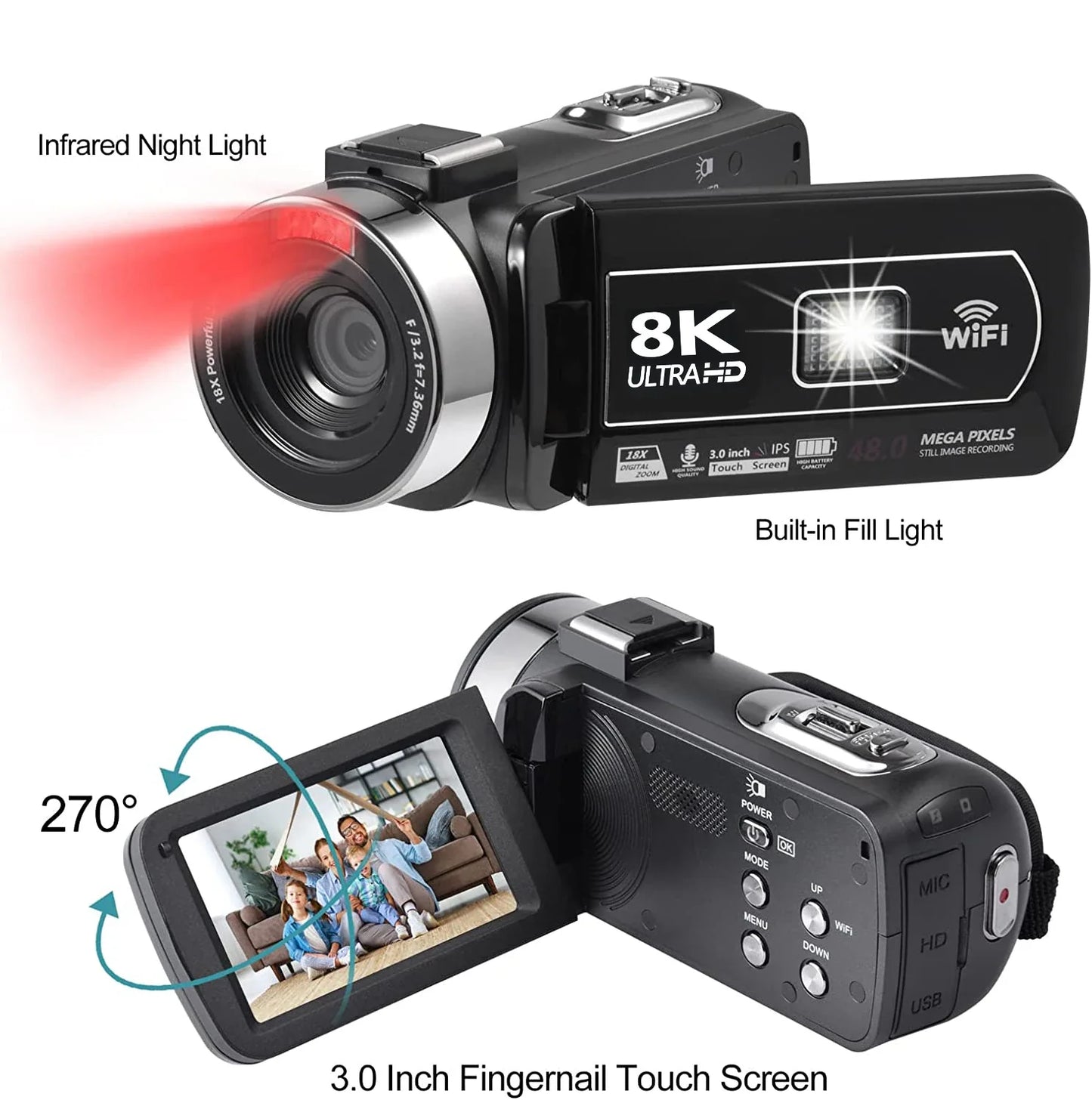 8K HD Video Camera – 3-Inch LCD Touch Screen, 18X Digital Zoom, Ultra HD, WIFI Portable Camcorder Recorder