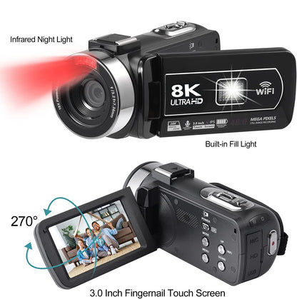 8K HD Video Camera – 3-Inch LCD Touch Screen, 18X Digital Zoom, Ultra HD, WIFI Portable Camcorder Recorder