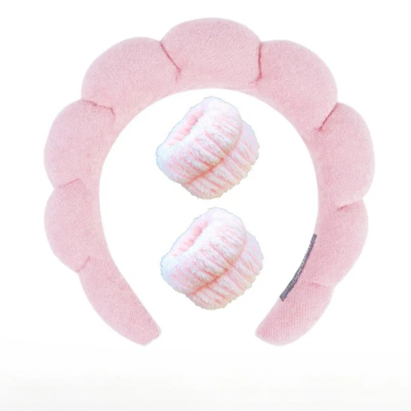 Sponge Spa Headband with Wristbands – Wide Padded Face Washing, Skin Care, Makeup Removal & Shower Headband for Women & Girls