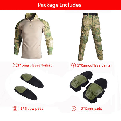 Men’s Camo Tactical Uniform Set | Ripstop Airsoft Suit with Multi-Pocket Pants & Training Shirt for Hunting or Paintball
