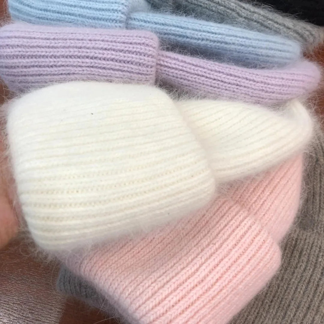 Women's Winter Hat - Fashion Warm Beanie Made of Real Rabbit Fur, Solid Adult Cap for Cold Weather