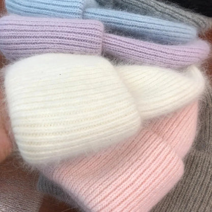 Women's Winter Hat - Fashion Warm Beanie Made of Real Rabbit Fur, Solid Adult Cap for Cold Weather