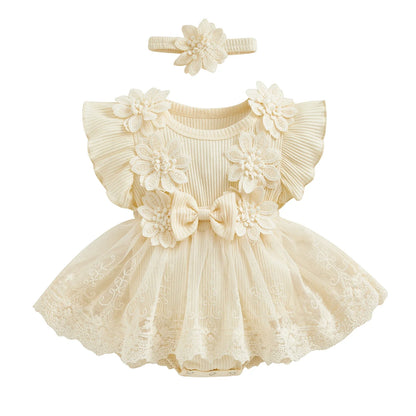 3D Flower Baby Girls’ Romper - Princess Mesh Lace Ruffle Bodysuit Dress with Headband