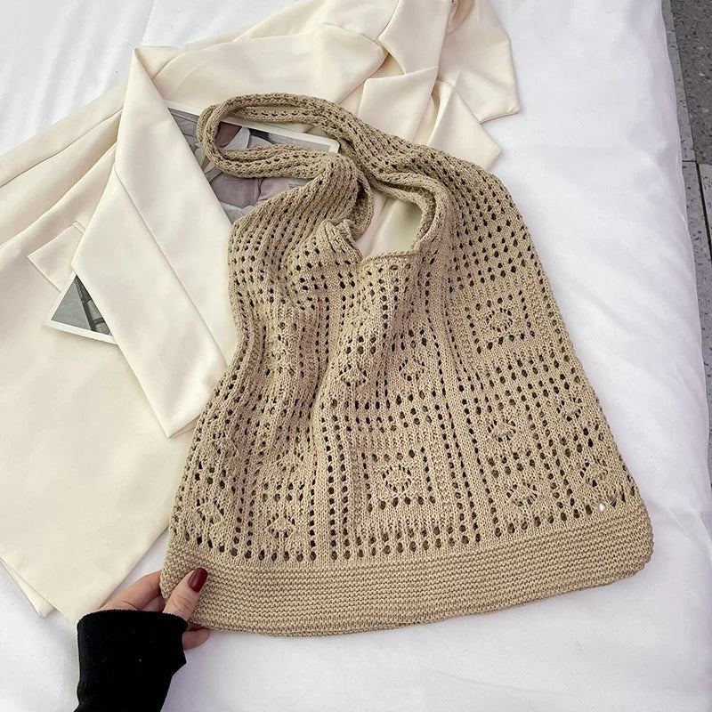 Women’s Crochet Tote Bag - Hollow Knitted Shoulder Handbag for Casual Shopping & Everyday Style