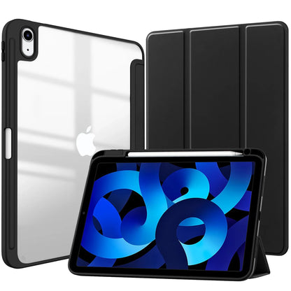 Smart PU iPad Case - Transparent Protective Cover for iPad Air Pro 11 Inch 10.9 10.2 9.7 Models with Stand