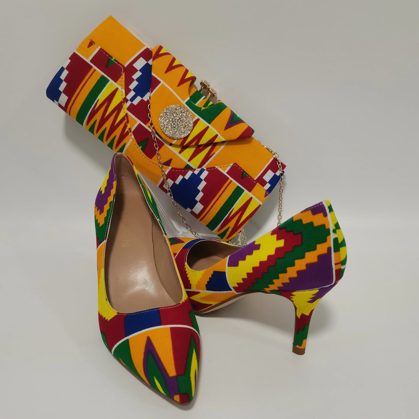 African Ankara Women’s Block Heel Shoes & Purse Set - Nigerian-Inspired Pointed Toe Fashion Accessories