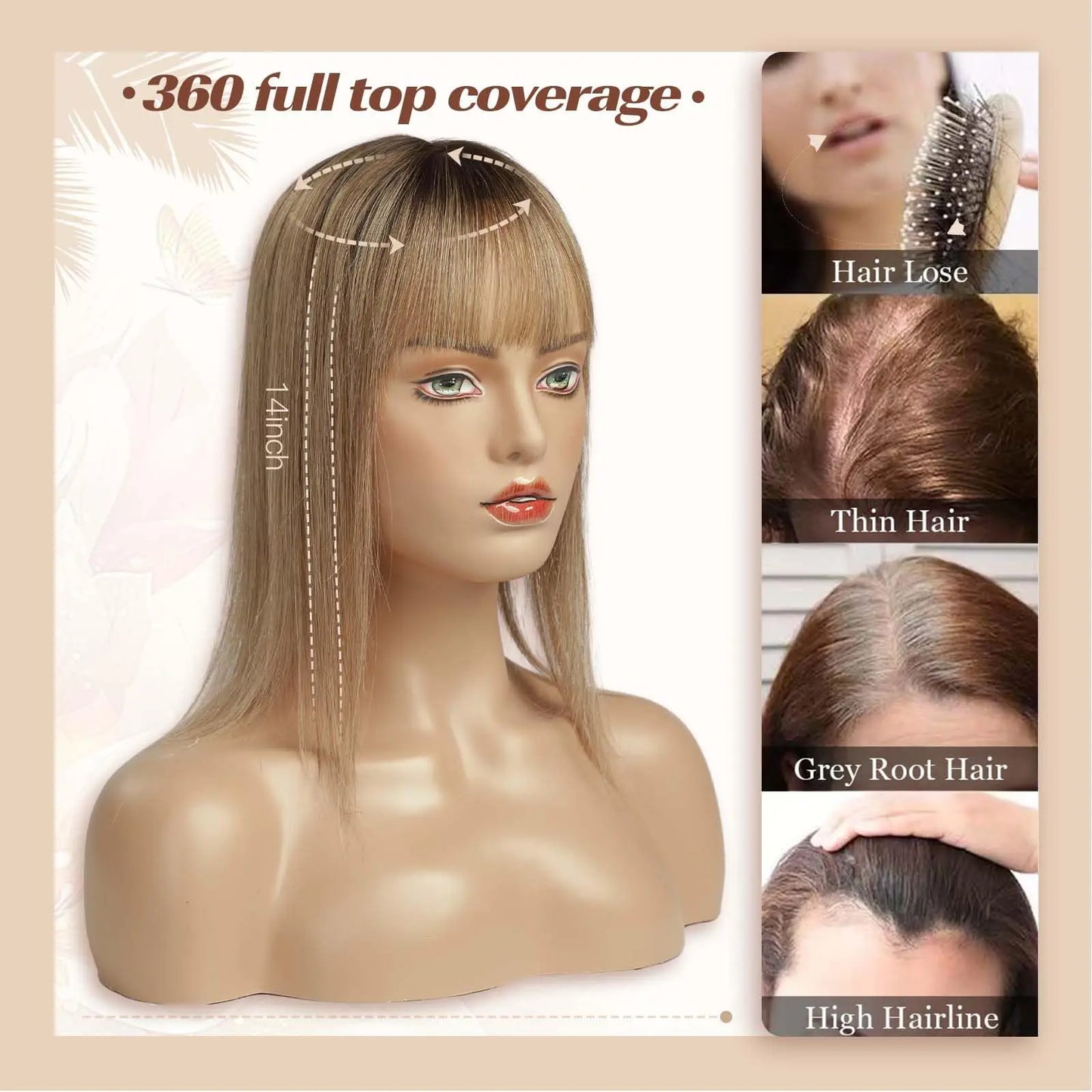 Straight Ombre Brown Remy Human Hair Topper – 100% Silk Base Clip-in Wig with Bangs, Hair Extension for Women