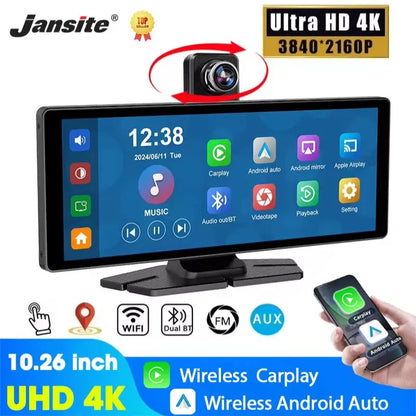7"/10.26" 4K Dash Cam — Car DVR with Wireless CarPlay, Android Auto, 350° Rotating Lens, GPS & Bluetooth