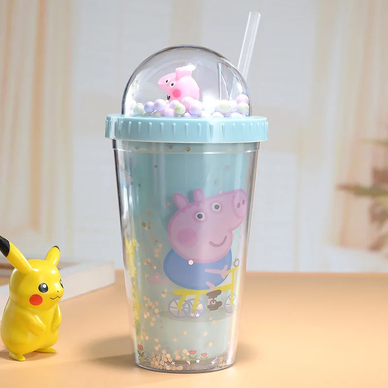 450ML Peppa Pig Plastic Water Bottle – Double-Layer Tumbler with Straw, George Pig Design, Gift for Girls