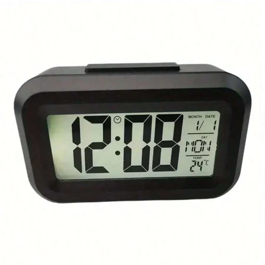 Smart Digital Alarm Clock – Black & White LCD with Temperature, Calendar, Timer & LED Light for Bedroom or Office (No Battery)