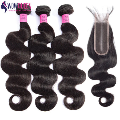 Body Wave Bundles with Closure – 2x6 Brazilian Hair Weave, 3/4 Bundles with Lace Closure, Natural Human Hair