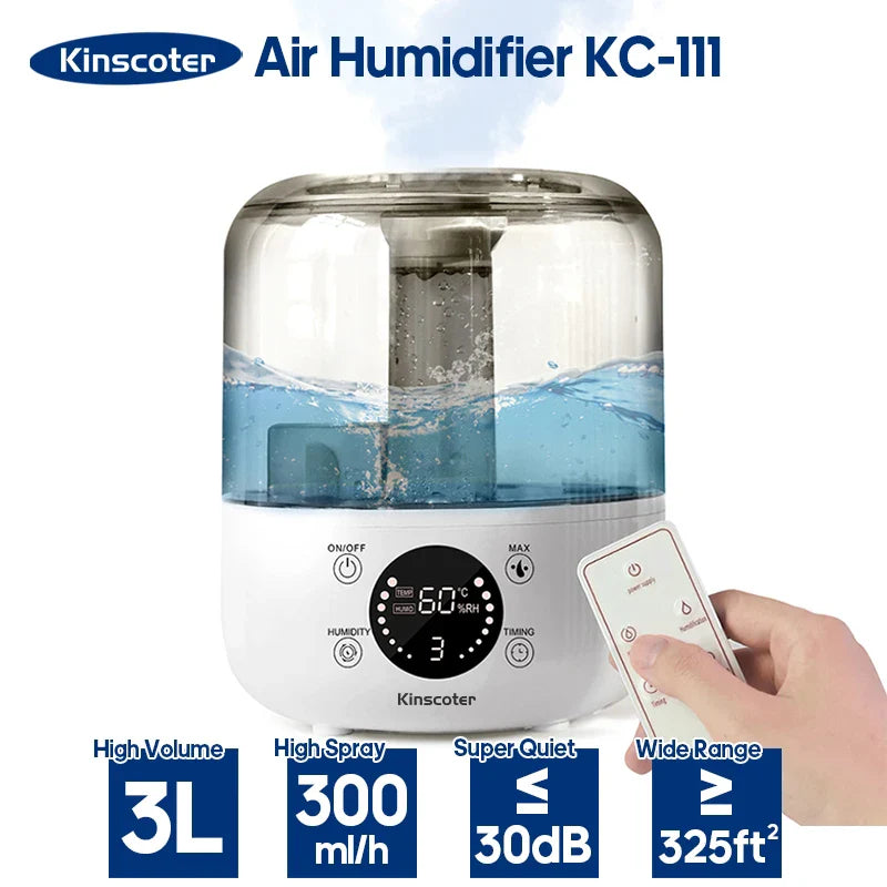 KINSCOTER 3L Air Humidifier – Large Capacity Aroma Diffuser with Remote Control & Timer for Home and Plants